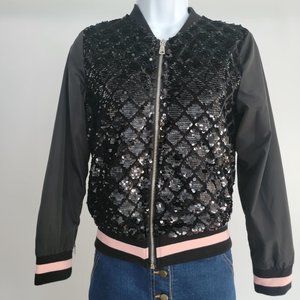 Urban Republic Girls Black Half Sequin Bomber Jacket Size L (14)